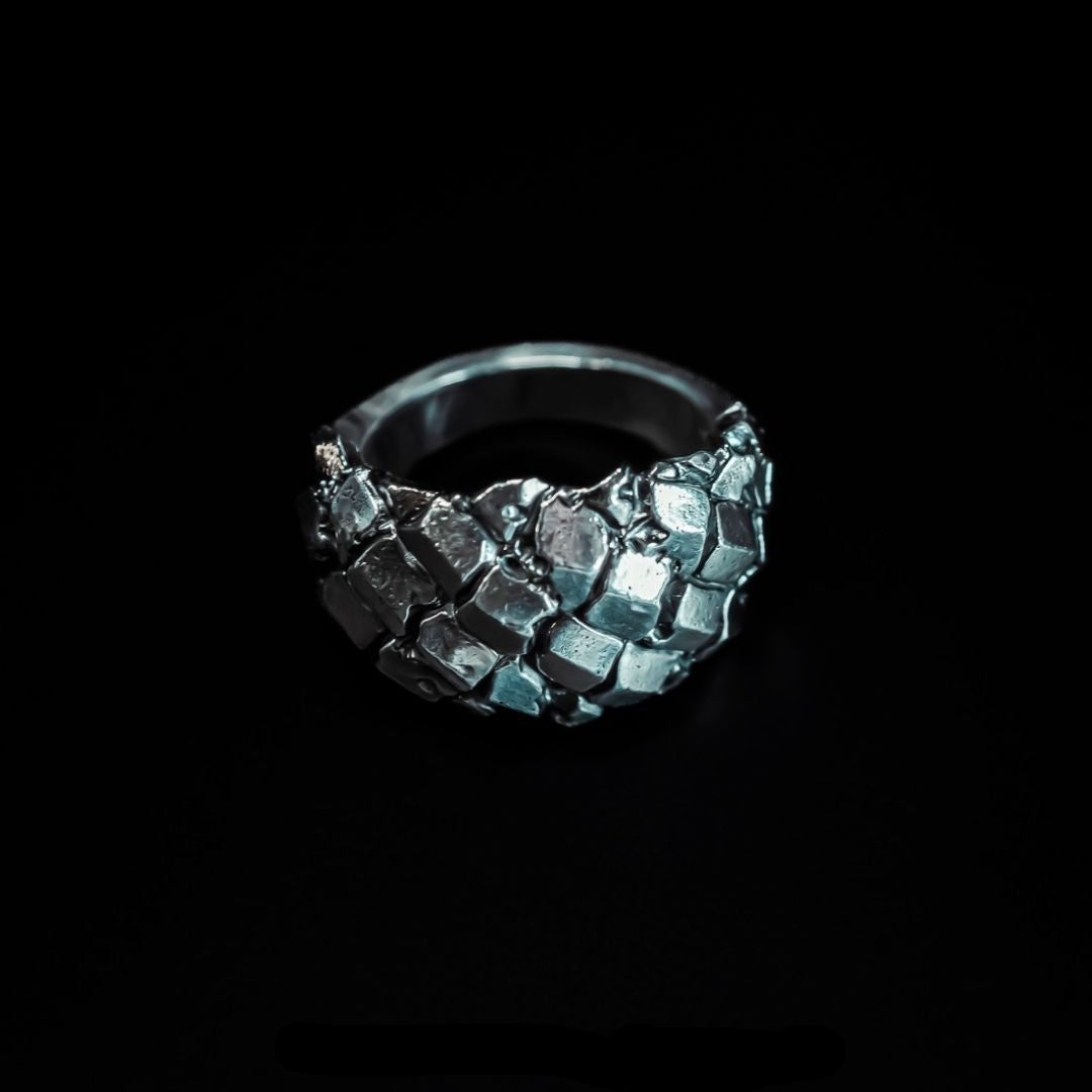 silver ring with abstract flowing plates sculpted across the form