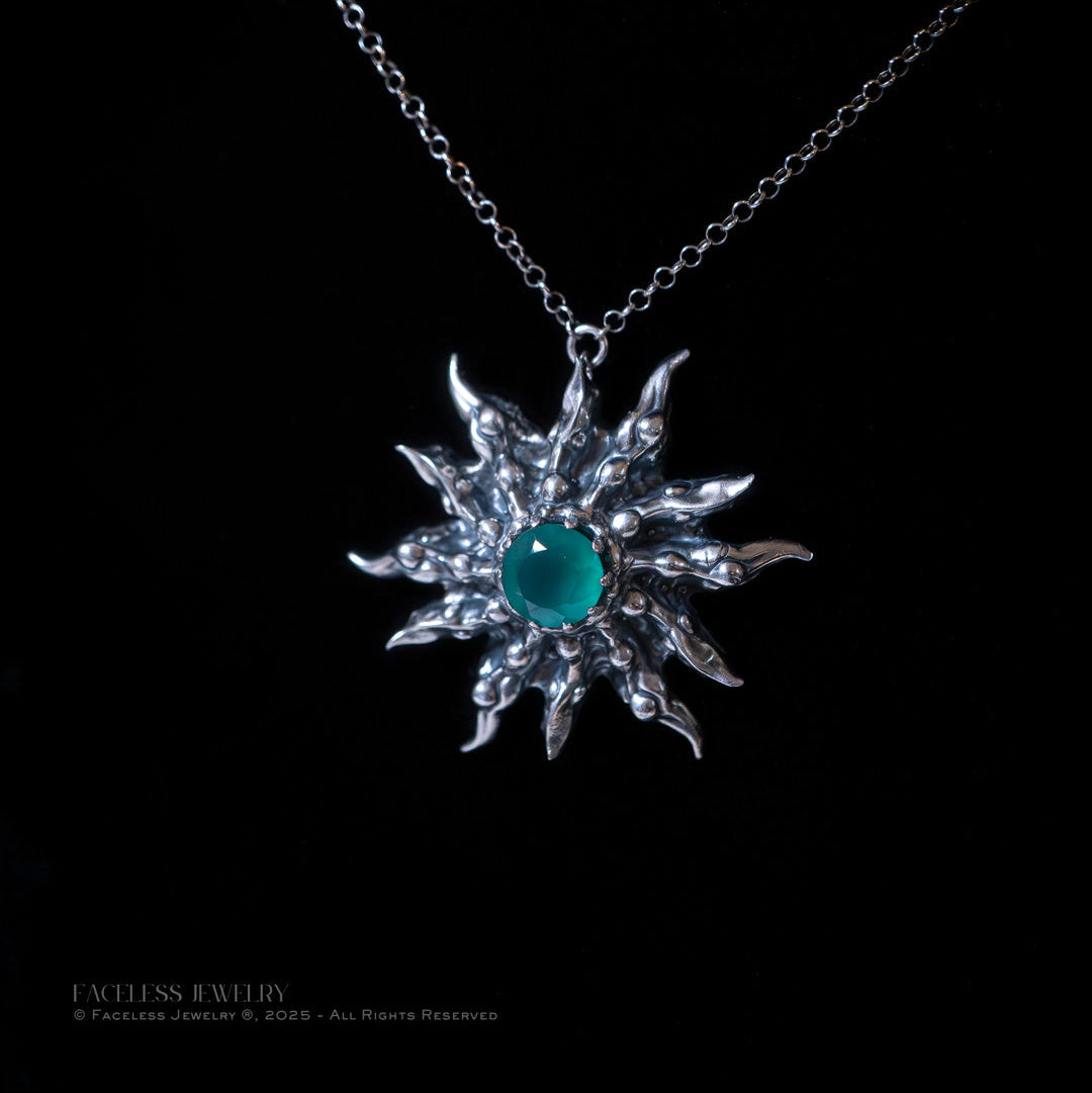 Chrysalis Sun – Sterling Silver & Green Chalcedony Pendant (One of a Kind)