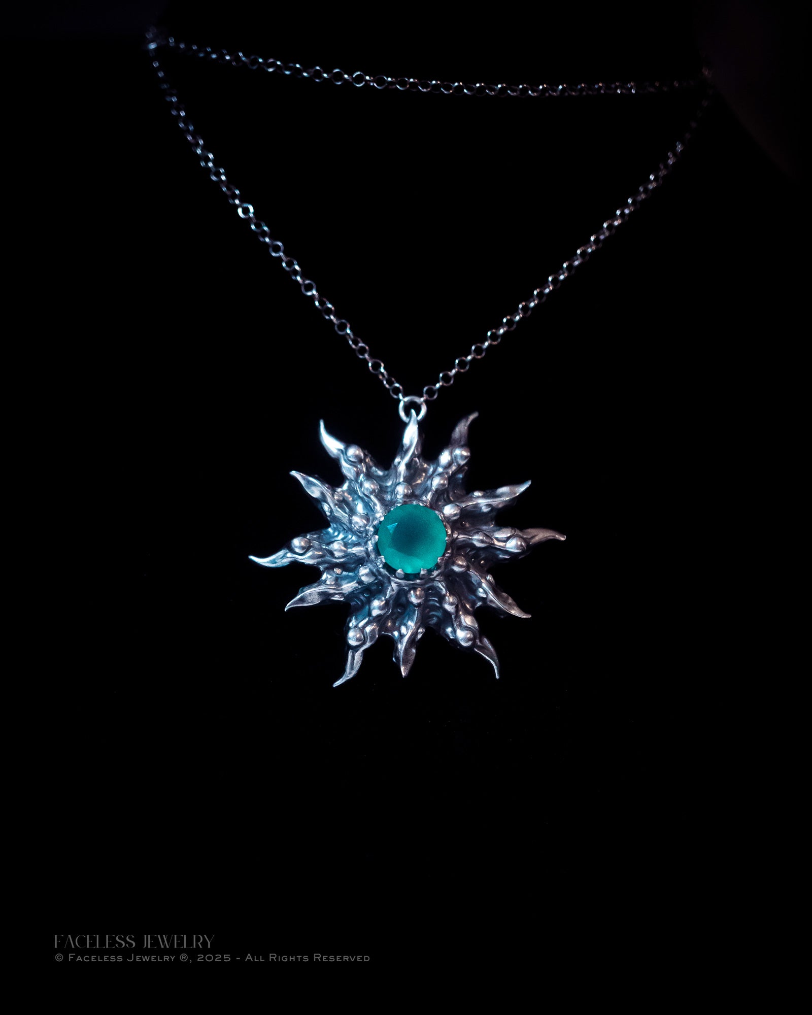 Chrysalis Sun – Sterling Silver & Green Chalcedony Pendant (One of a Kind)