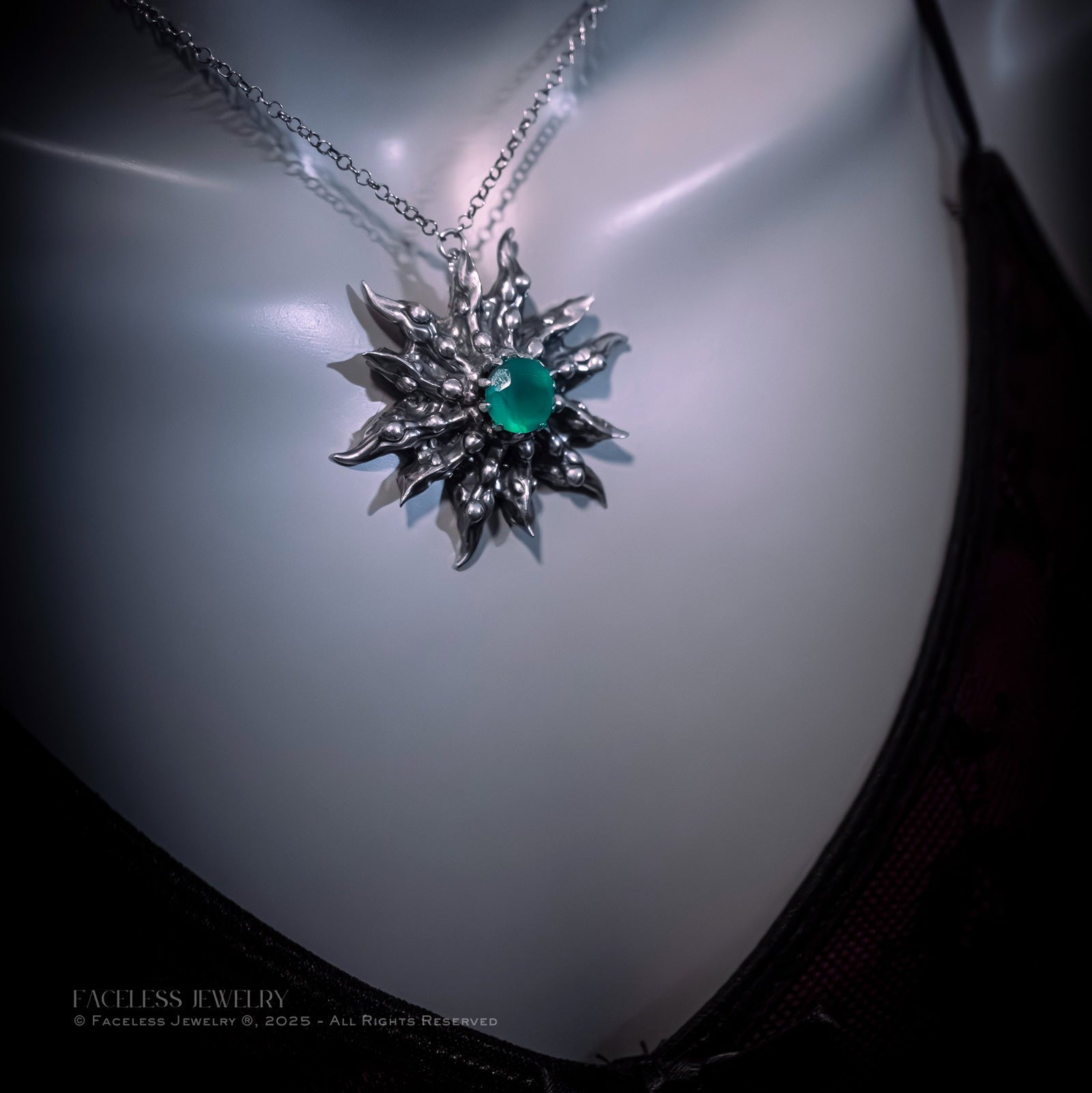 Chrysalis Sun – Sterling Silver & Green Chalcedony Pendant (One of a Kind)