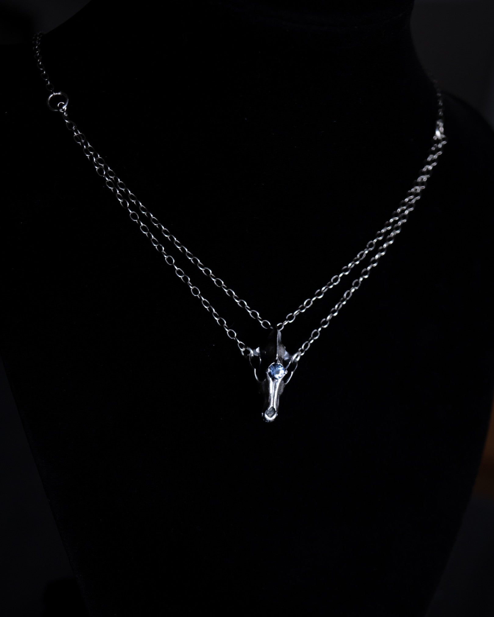 Northfang - A Sterling Silver Wolf Skull Pendant, w/ Icy Blue Tanzanite