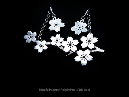 The Twin Sakura and Branch Pendant and Earrings Set in Sterling Silver - Faceless Jewelry