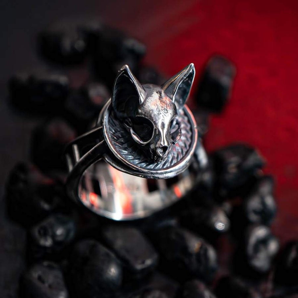 Cat Skull Ring, Goth Ring, Witchy Rings, Handmade Jewelry Gift for Her, Mothers day gift for cat lovers - FacelessJewelry - Rings - Gothic Alternative Dark Silver Jewelry