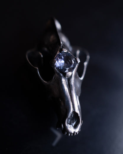 Northfang - A Sterling Silver Wolf Skull Pendant, w/ Icy Blue Tanzanite