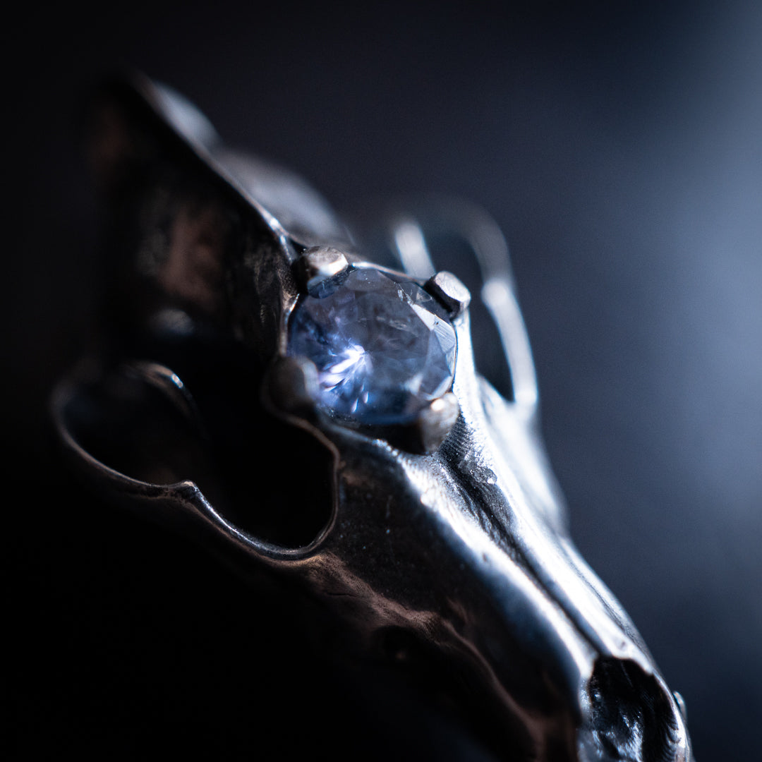 Northfang - A Sterling Silver Wolf Skull Pendant, w/ Icy Blue Tanzanite