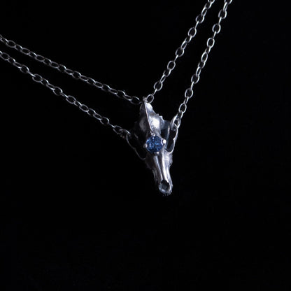 Northfang - A Sterling Silver Wolf Skull Pendant, w/ Icy Blue Tanzanite