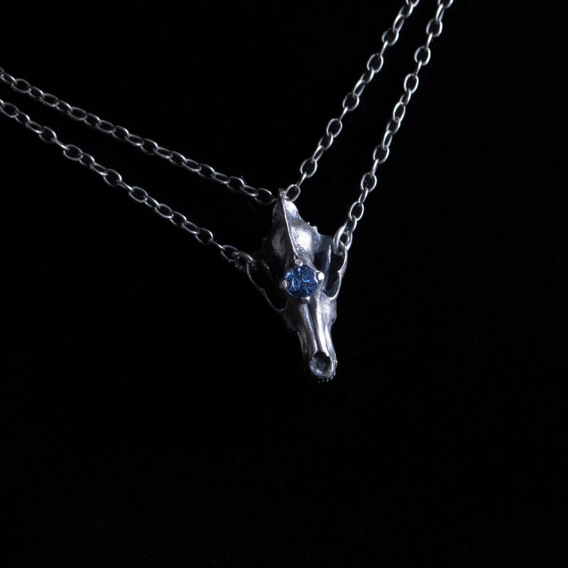Northfang - A Sterling Silver Wolf Skull Pendant, w/ Icy Blue Tanzanite