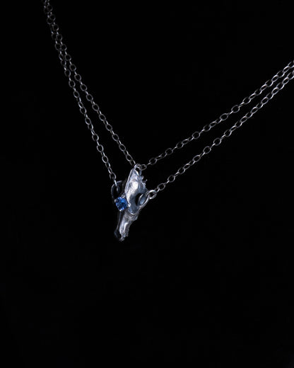 Northfang - A Sterling Silver Wolf Skull Pendant, w/ Icy Blue Tanzanite