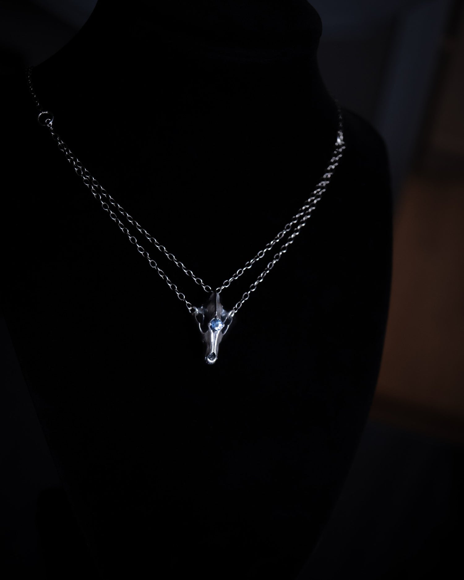 Northfang - A Sterling Silver Wolf Skull Pendant, w/ Icy Blue Tanzanite