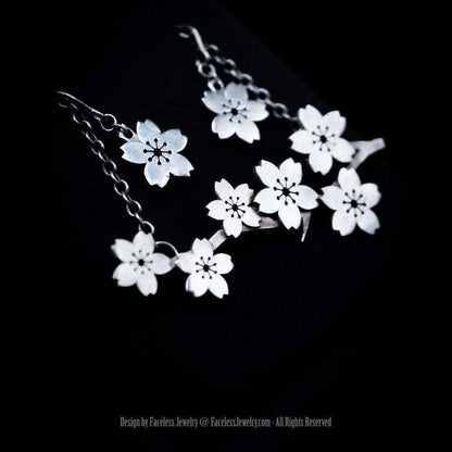 Twin Cherry Blossom & Branch Faceless Jewelry cherry blossom, earrings, floral, necklace, pendant, sakura, set, sterling silver